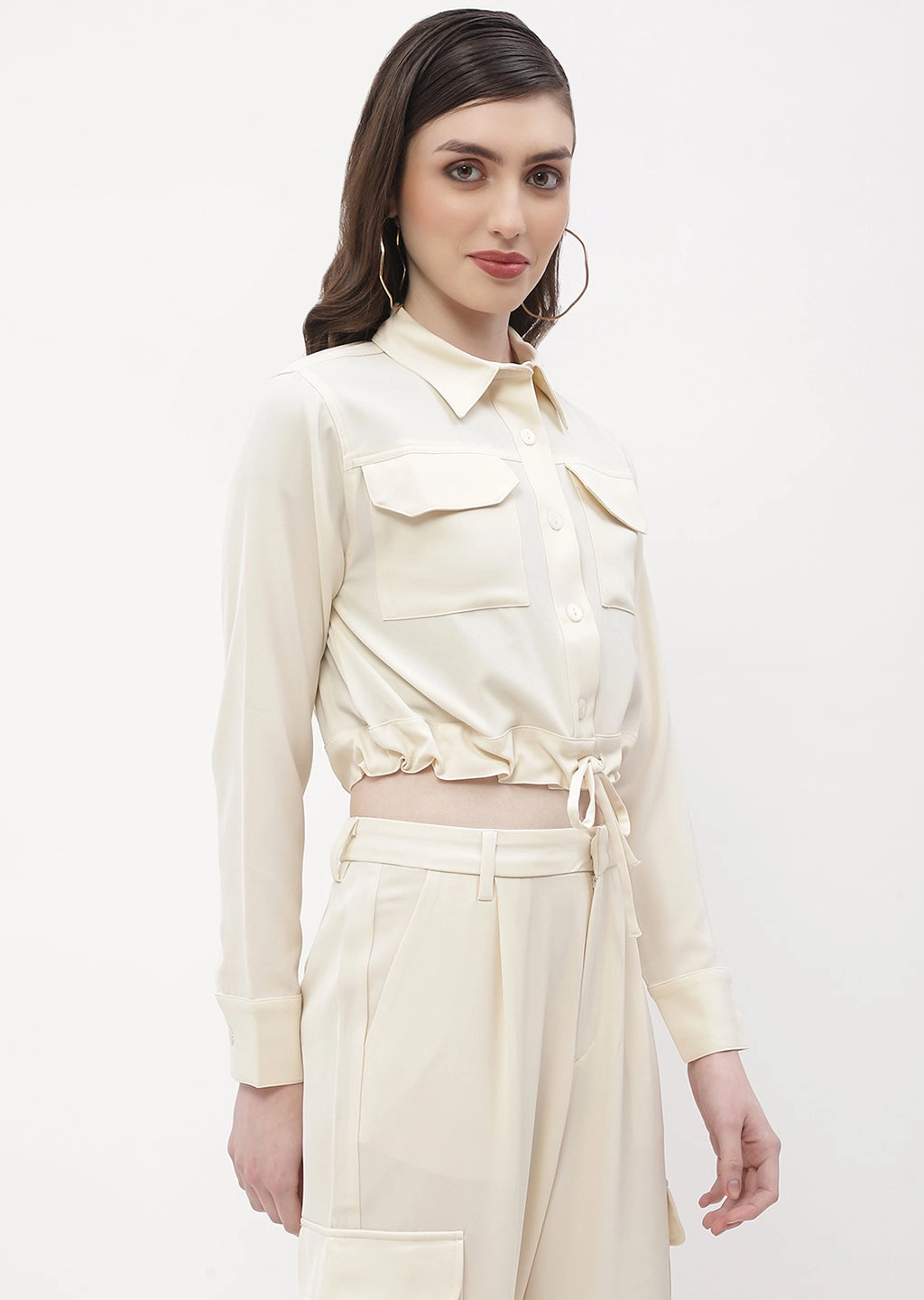 Madame Drawstring Waist Beige Flap Pocket Crop Shirt Button front Stretchable Material