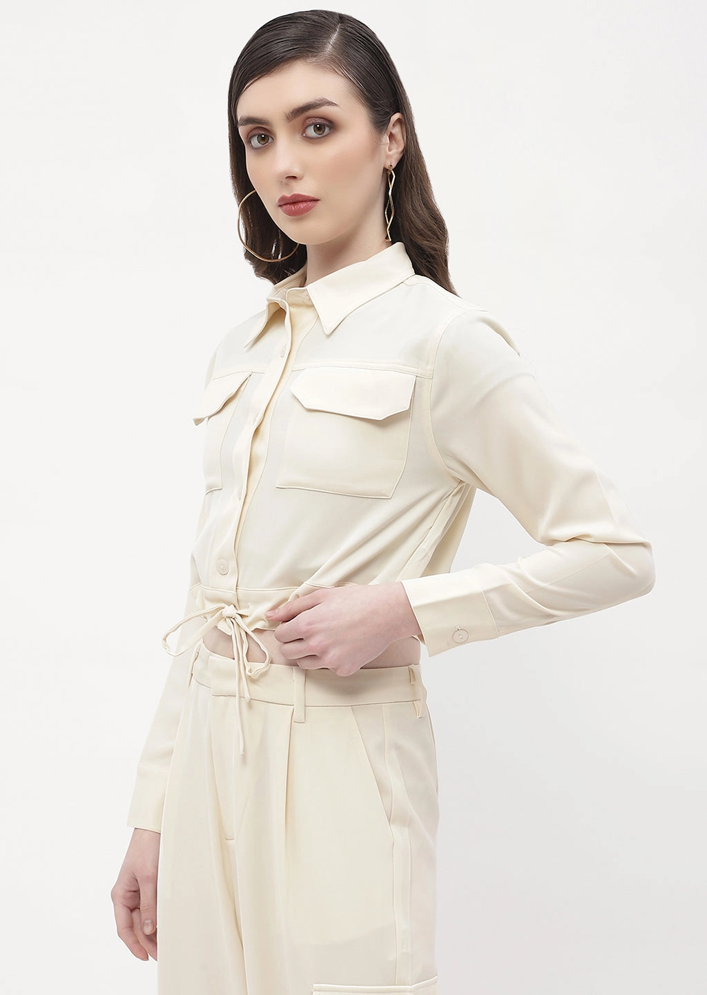 Madame Drawstring Waist Beige Flap Pocket Crop Shirt tall size