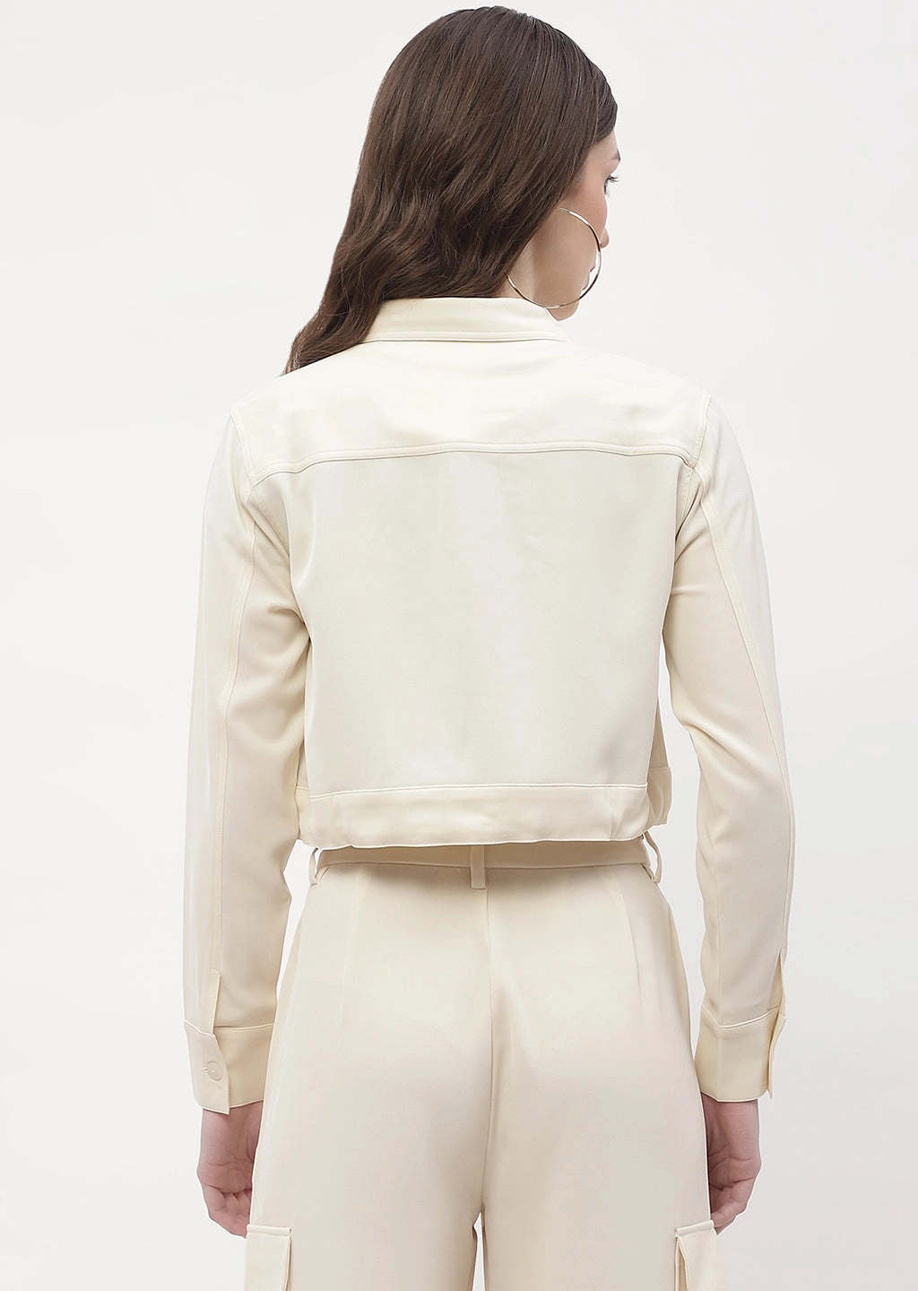 Madame Drawstring Waist Beige Flap Pocket Crop Shirt Student Essential