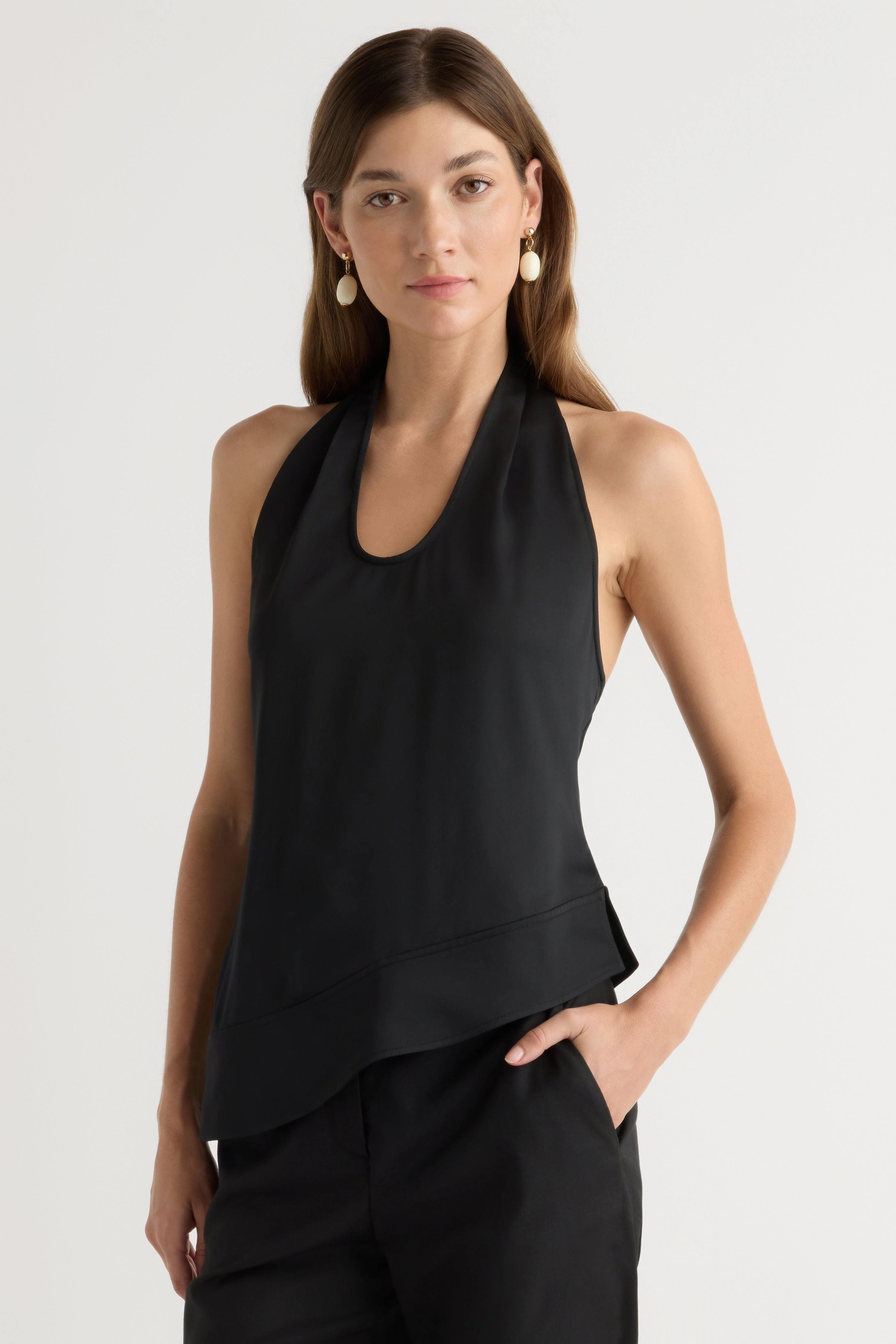 Anju Asymmetric-Hem Halter Blouse MicrofiberTech Light Fabric