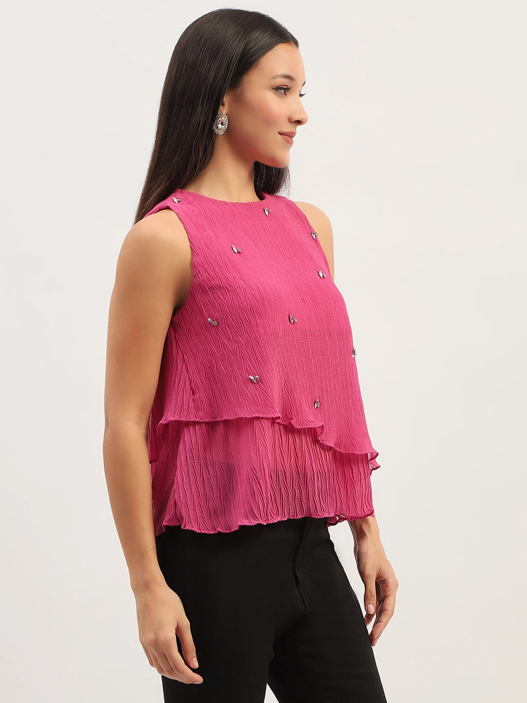 Madame Double Hem Embellished Pink Top SlubTexture