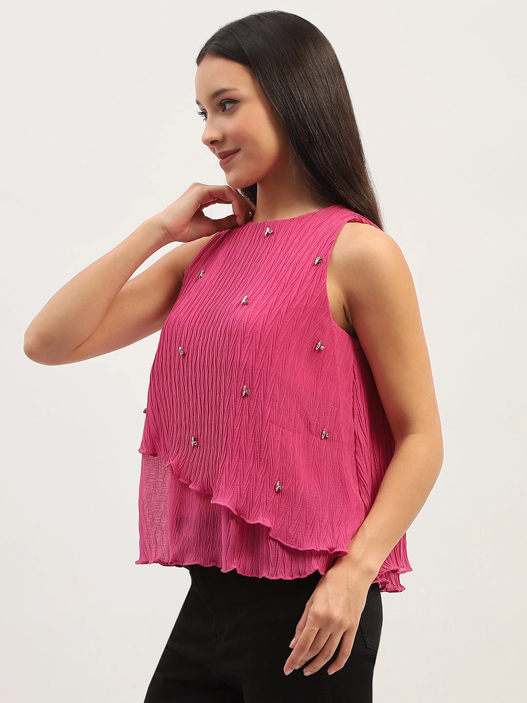 Madame Double Hem Embellished Pink Top Four Way Stretch Material