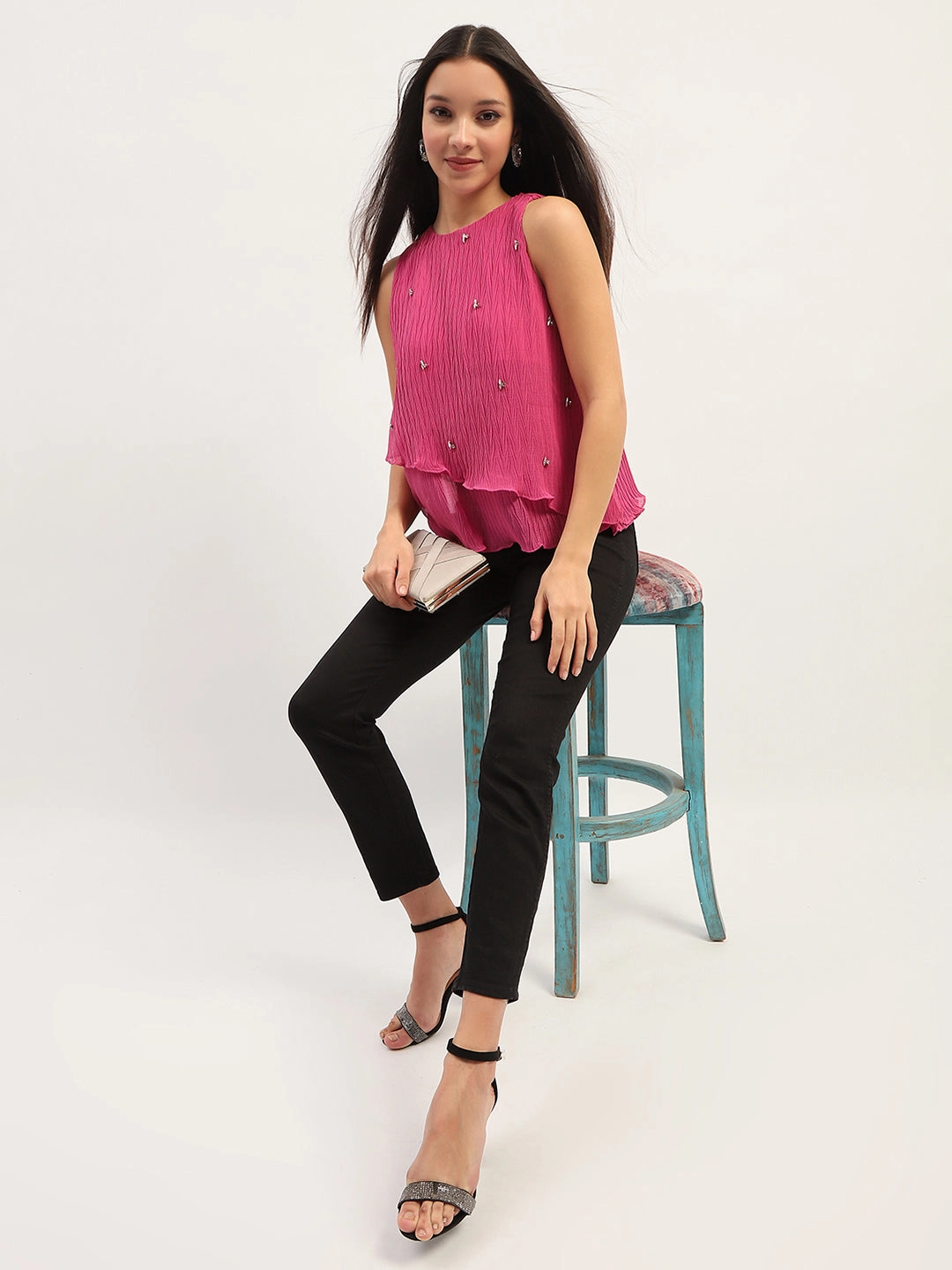 Madame Double Hem Embellished Pink Top EcoCertified Textile GarmentWashedFinish