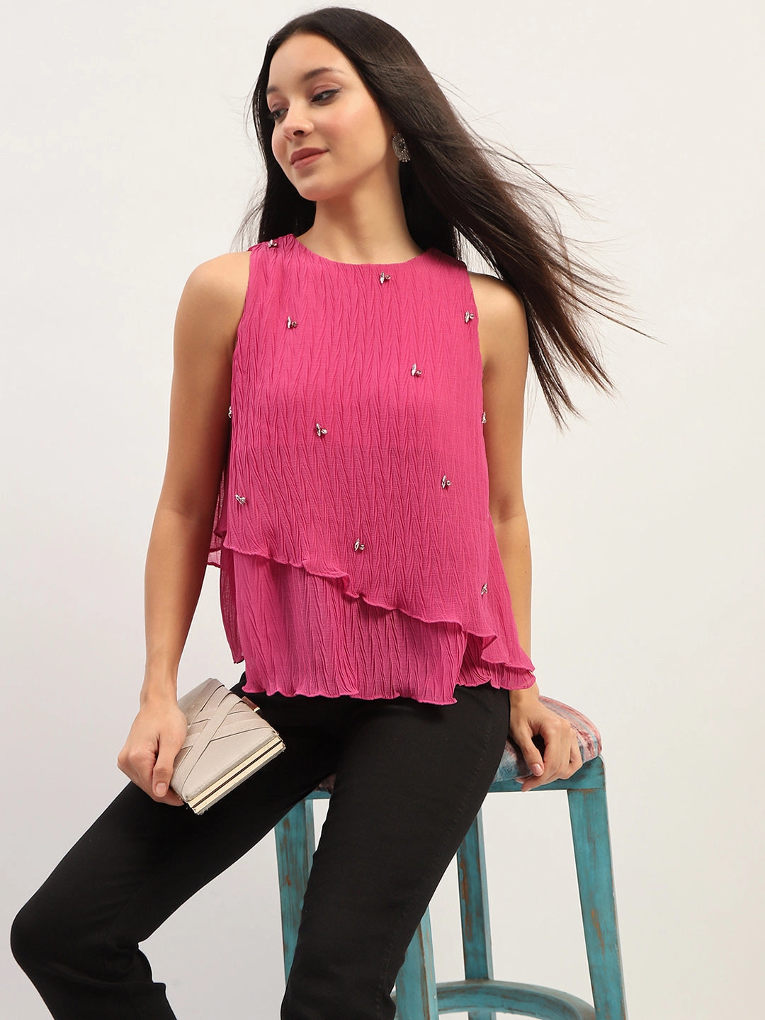 Madame Double Hem Embellished Pink Top SeamFreeShoulder