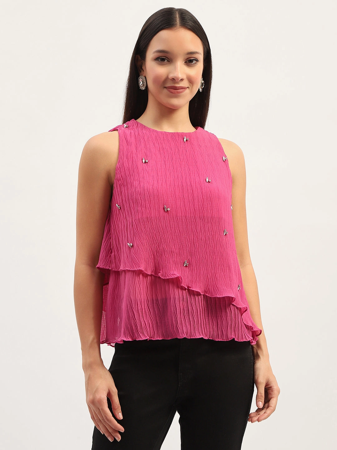 Reinforced Shoulder Madame Double Hem Embellished Pink Top