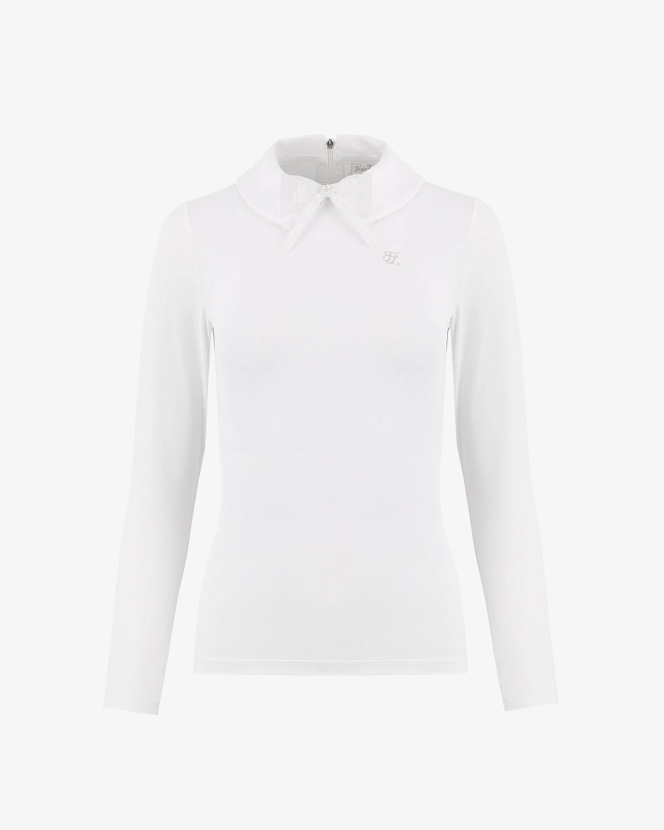 Flexible Knit Fabric Non Irritating Seams Double Collar Long Sleeve T-shirt - White