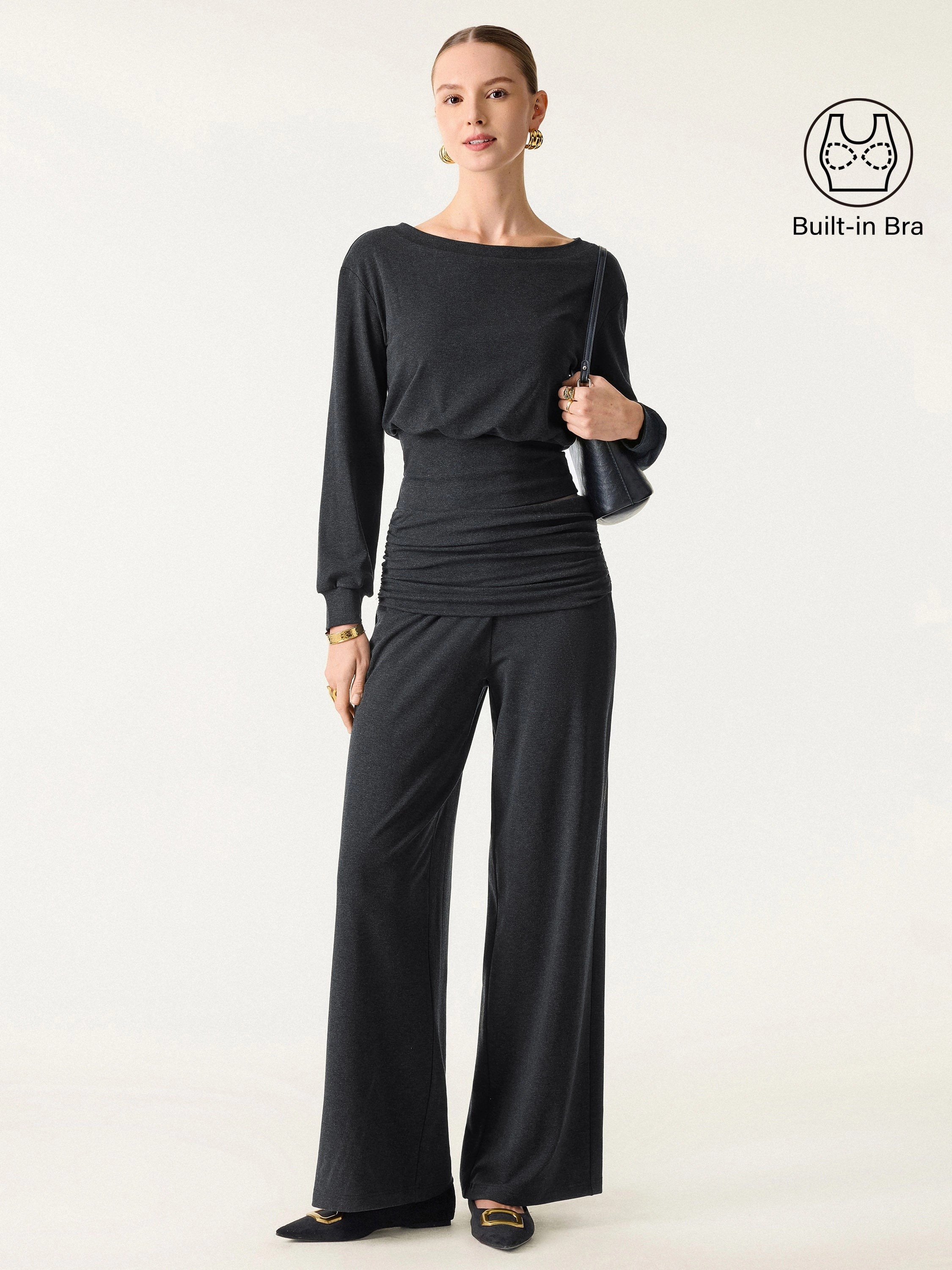 Zip Pocket 2Pcs Set Boatneck Brami & Drapey Wide Leg Pull-on Pants with Pockets