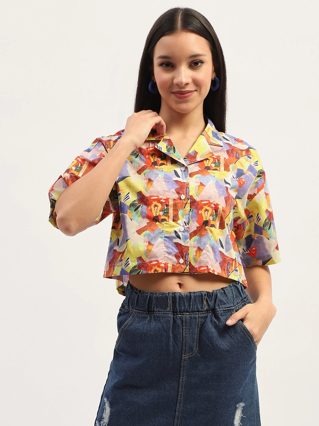 Madame Graphic Print Cotton Purple Cropped Shirt Cruise Collection