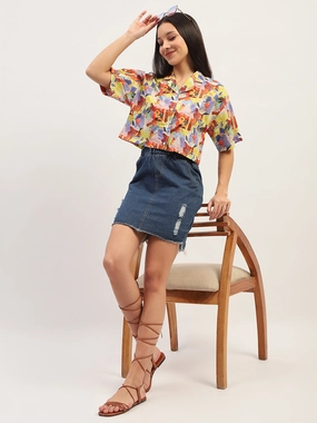 Madame Graphic Print Cotton Purple Cropped Shirt Matte Look Must-Have Item