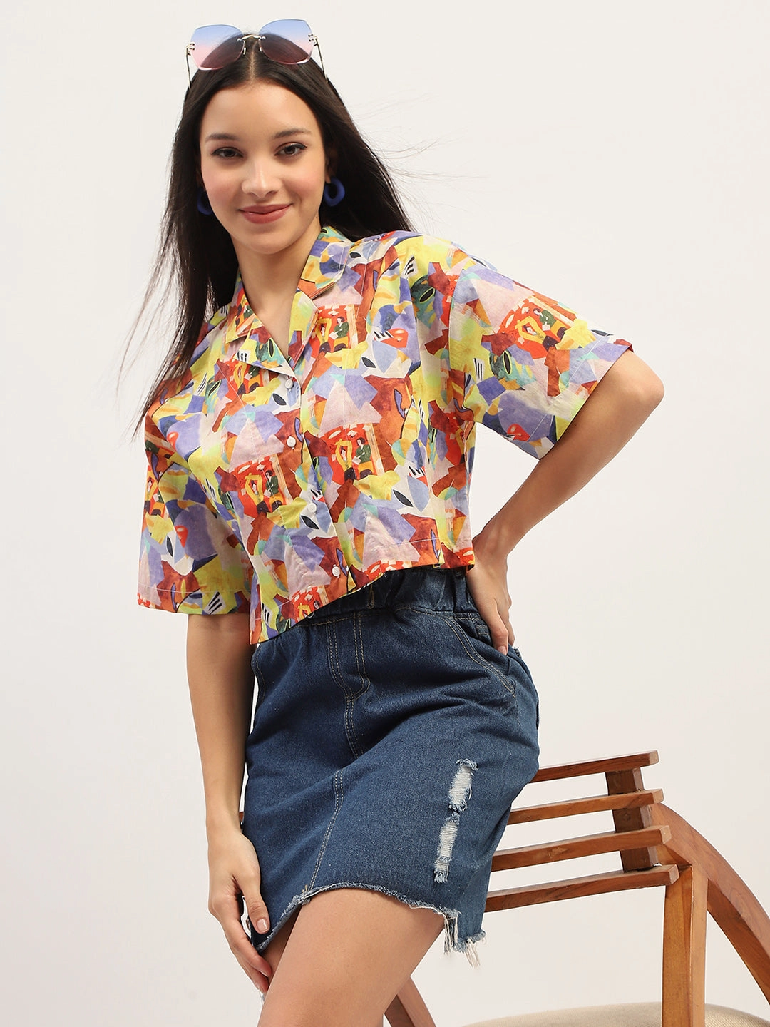 Madame Graphic Print Cotton Purple Cropped Shirt Seamless Shoulder Construction