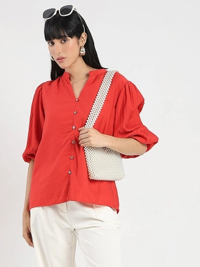 Madame Textured Ruffle Neck Rayon Blend Red Top Sporty Tee