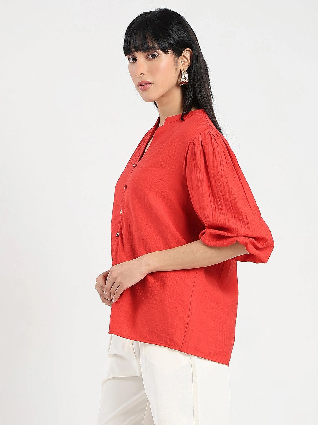 Fashionable Tank AllDay Comfort Tech Madame Textured Ruffle Neck Rayon Blend Red Top