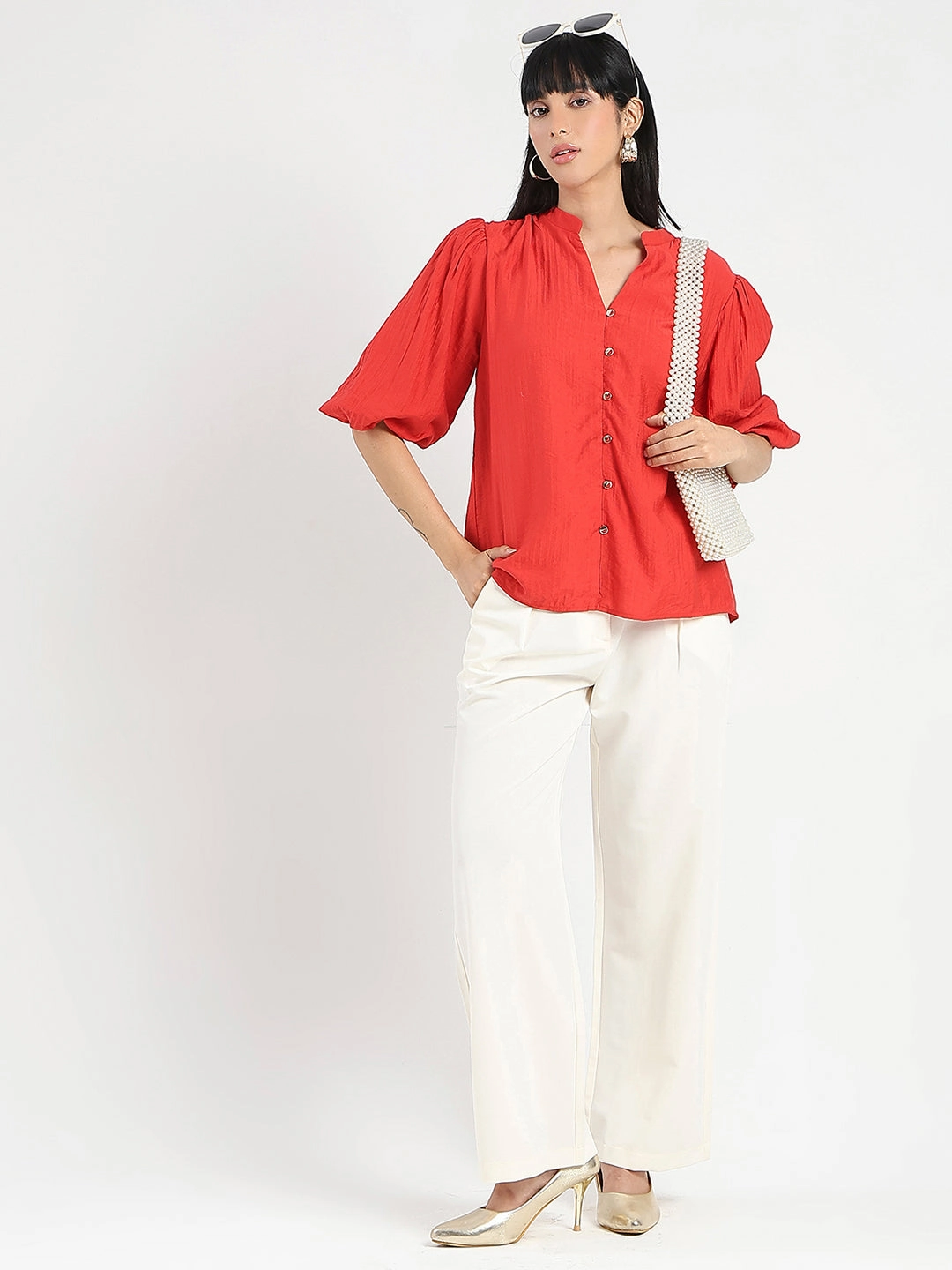 HighStrength Threadwork Madame Textured Ruffle Neck Rayon Blend Red Top