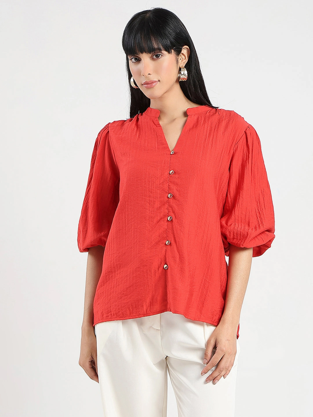 SoftKnit Madame Textured Ruffle Neck Rayon Blend Red Top