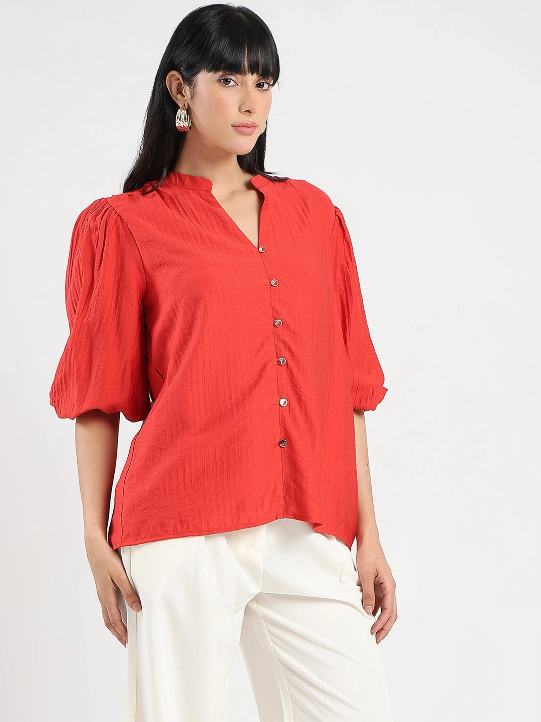 Madame Textured Ruffle Neck Rayon Blend Red Top Flexible Hemline Stretch Fit Top