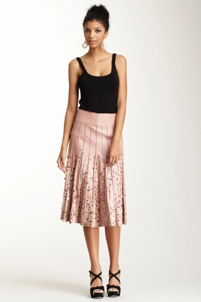 Geometric Print Mini length Antiqued Goat Leather Multi Panel Skirt - Blush Pink