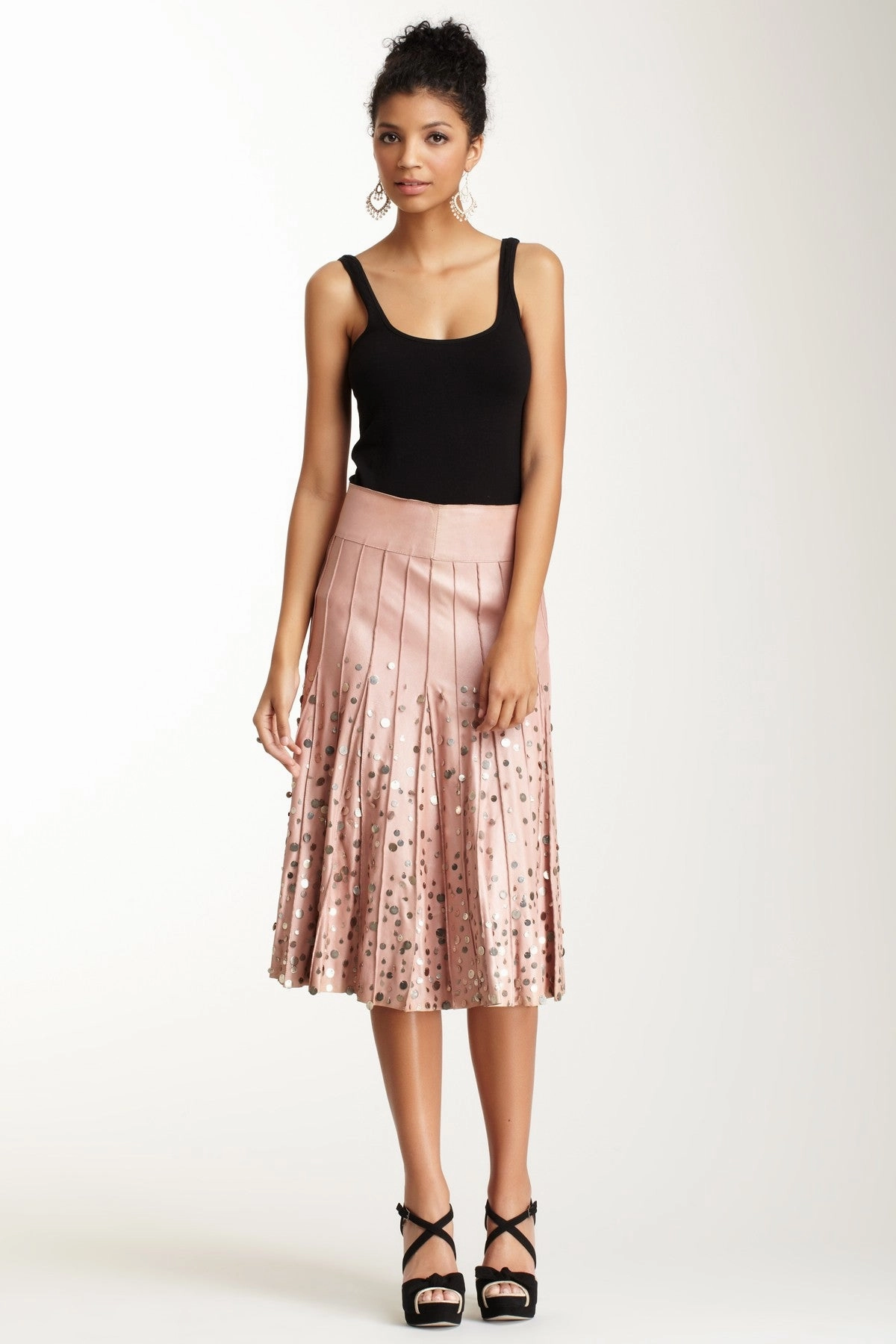 Polished Touch Personality Style Antiqued Goat Leather Multi Panel Skirt - Blush Pink