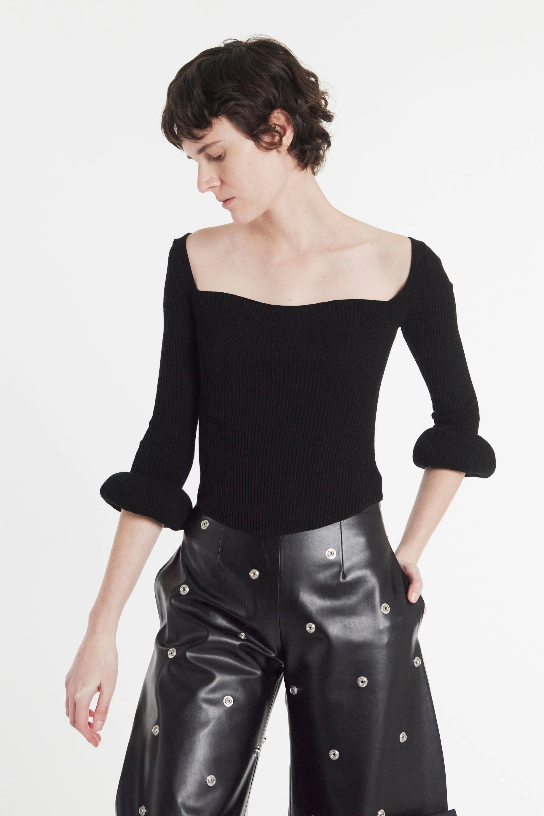 Knit Top With Square Decollete And Doughnut Sleeves Black Easy to Wear