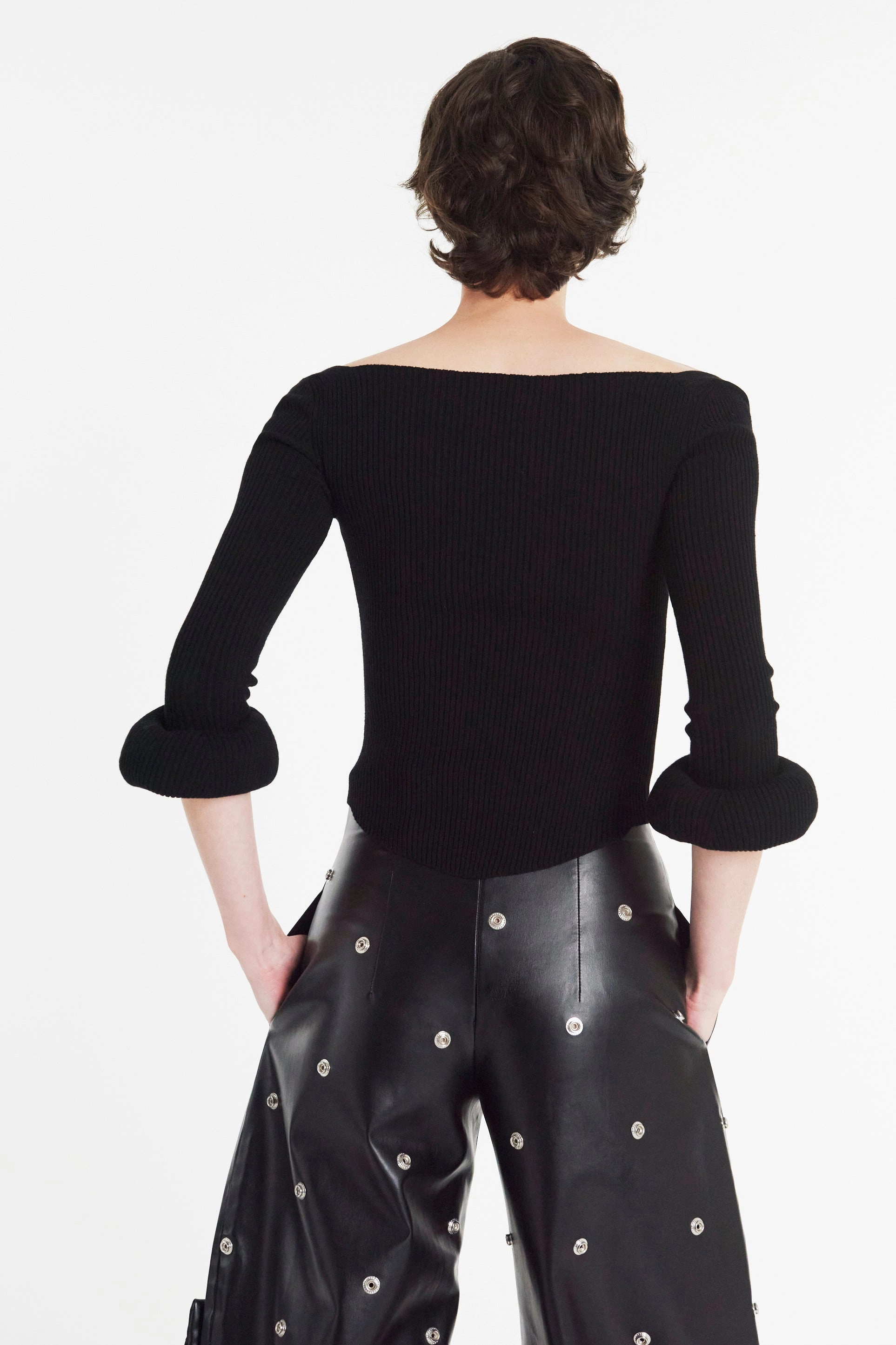 Knit Top With Square Decollete And Doughnut Sleeves Black BuiltInLayer LightweightLayeredFabric