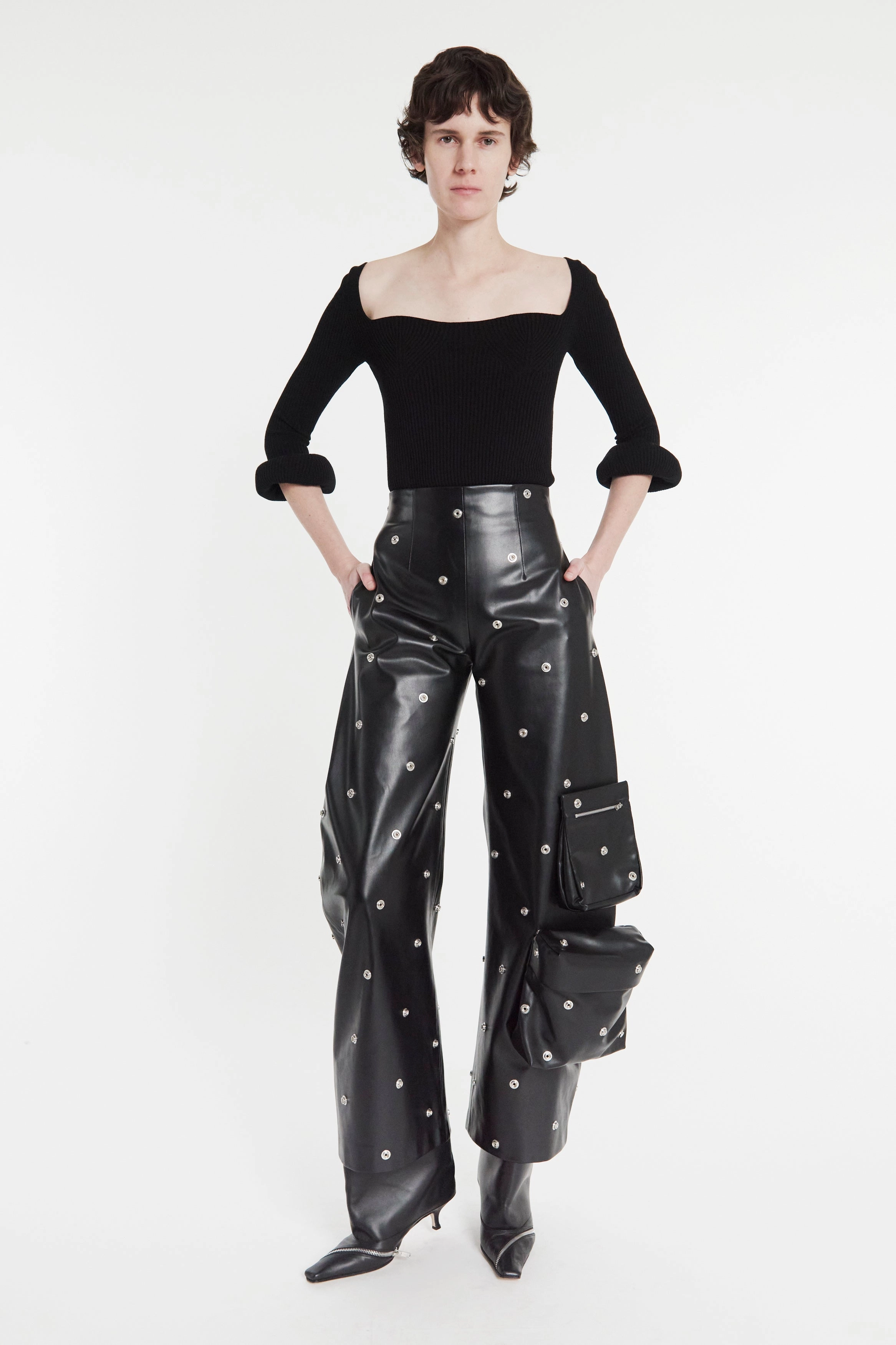 NoSlip Grip MoistureWicking Material Knit Top With Square Decollete And Doughnut Sleeves Black