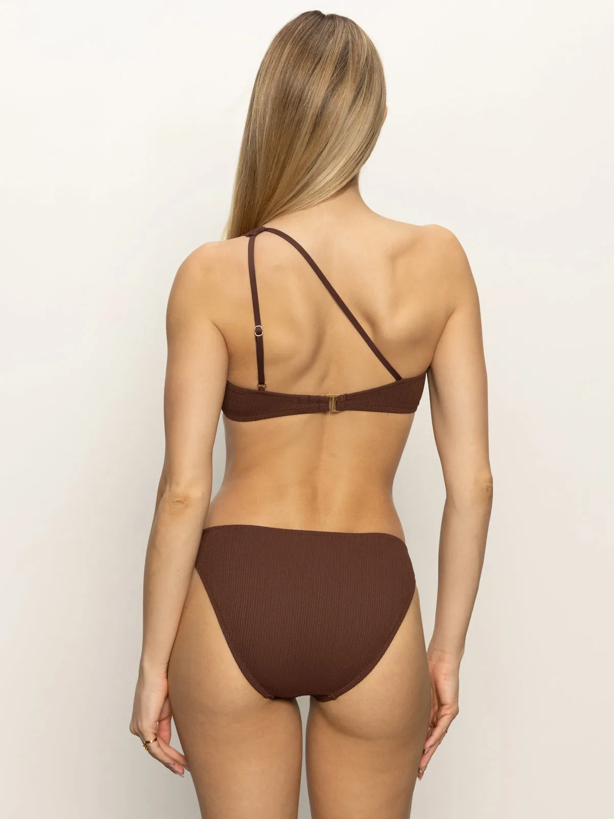 Lightweight Weave Material Biodegradable Fiber Composition Stay Connected One-Shoulder Bikini Top Espresso