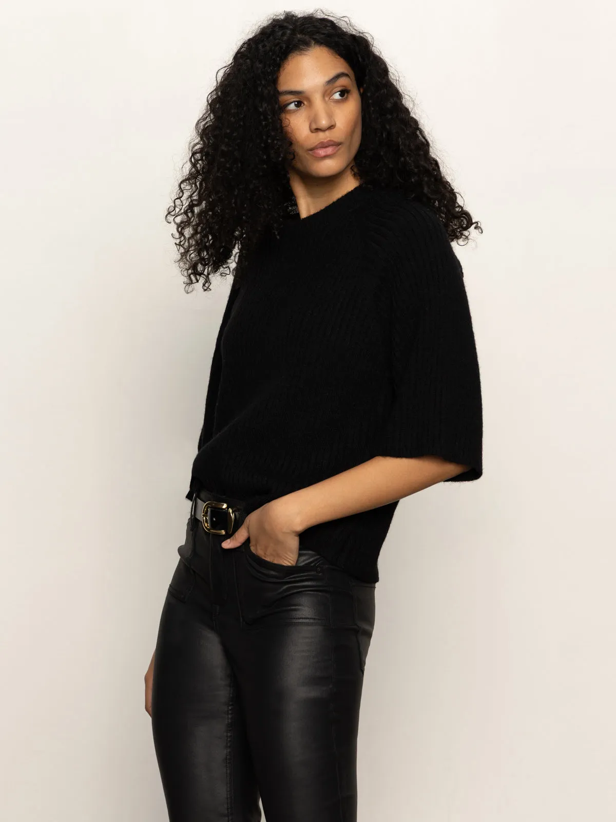 Quick Dry Material Temperature Regulating Fabric Ribbed Sweater Tee Black