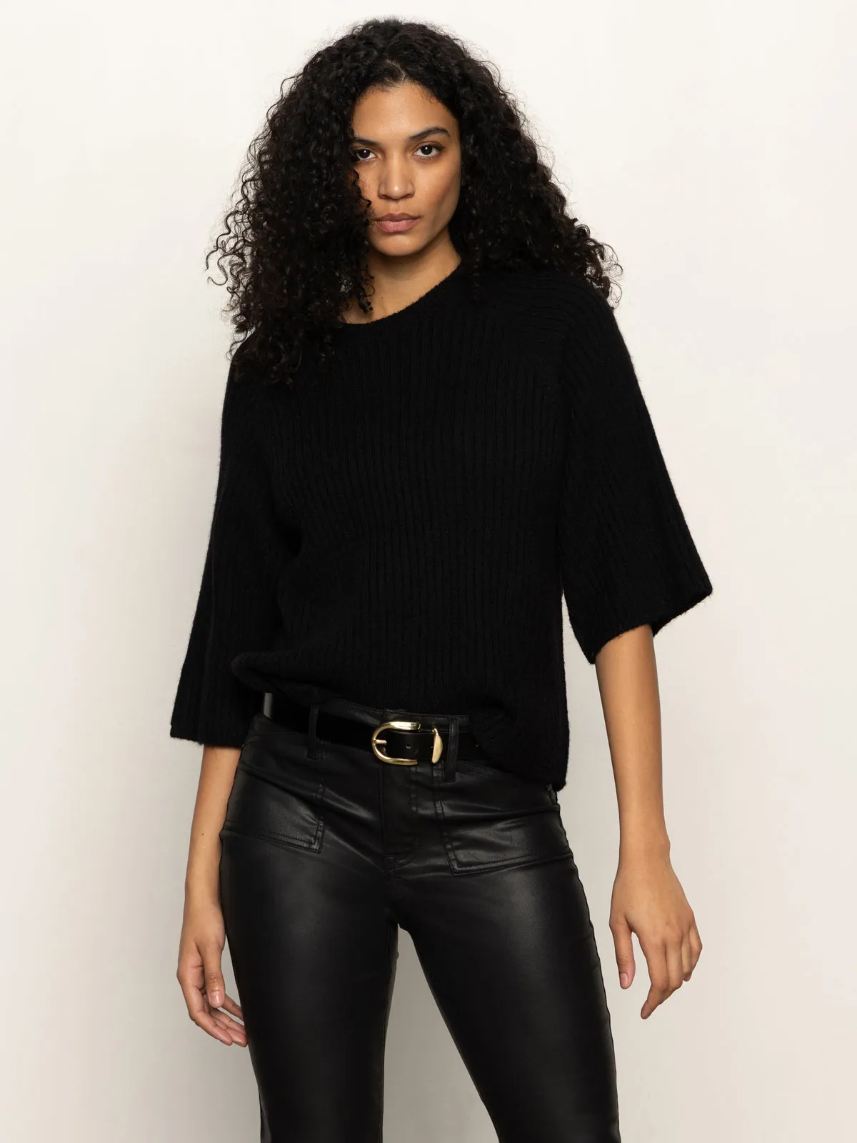 Winter Fashion Ribbed Sweater Tee Black