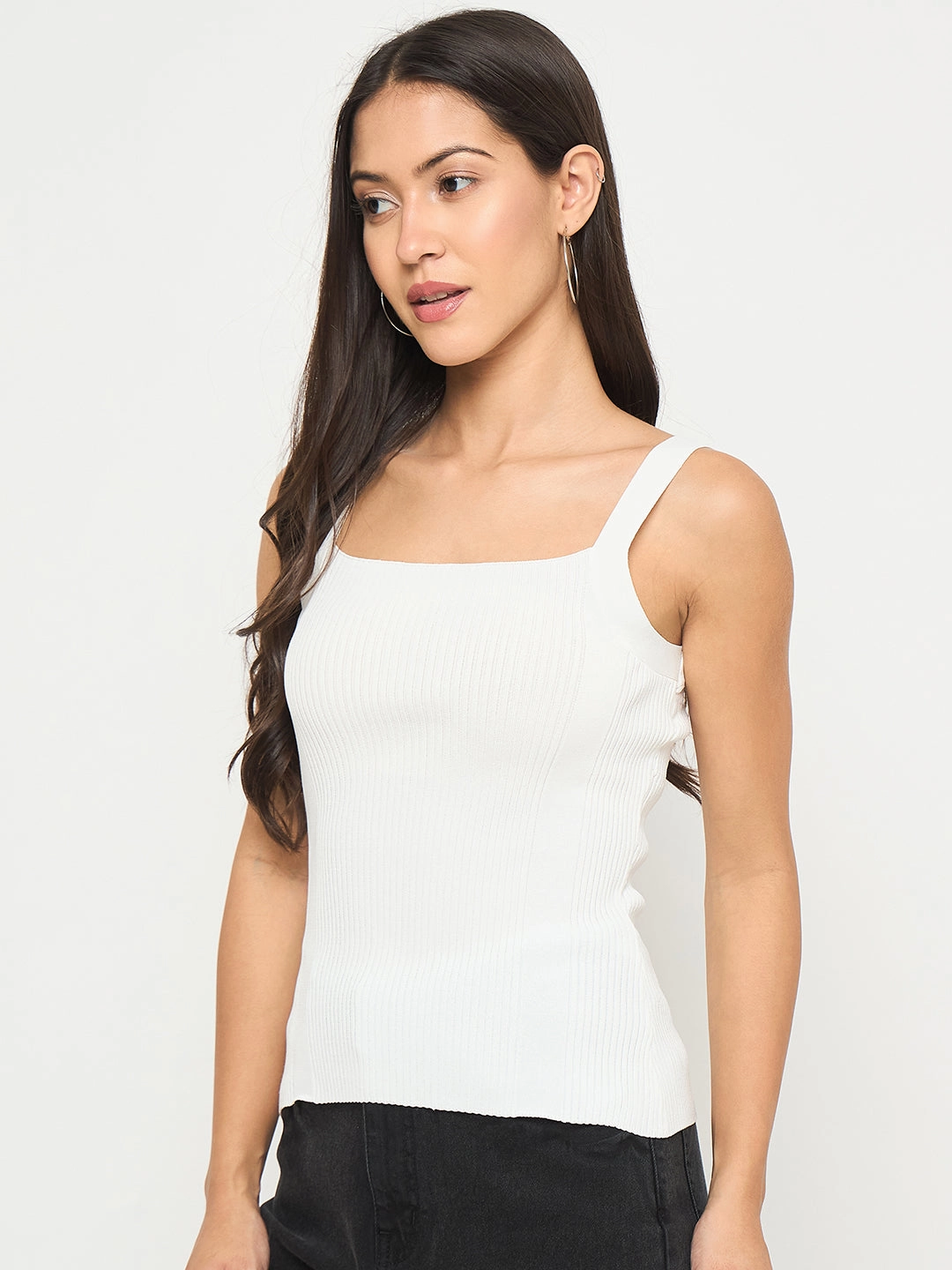 Madame Ribbed Sleeveless White Knitted Top Airflow Weave Pattern