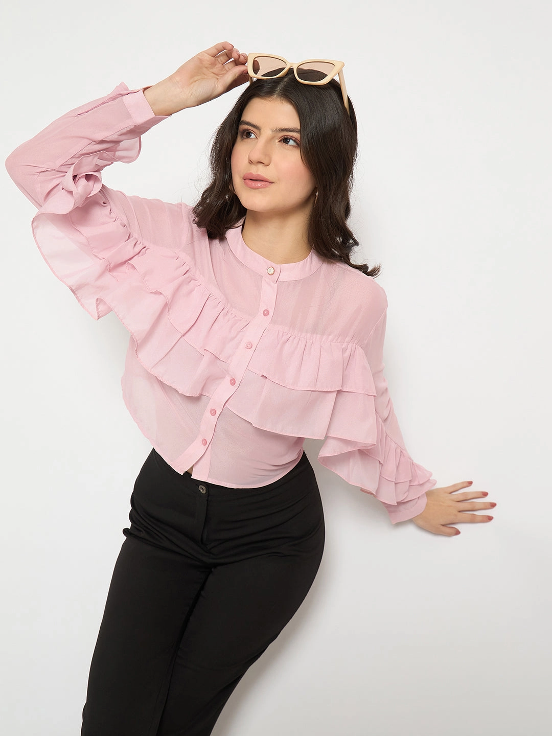 Trendy Shirt Madame Sheer Baby Pink Ruffle Top