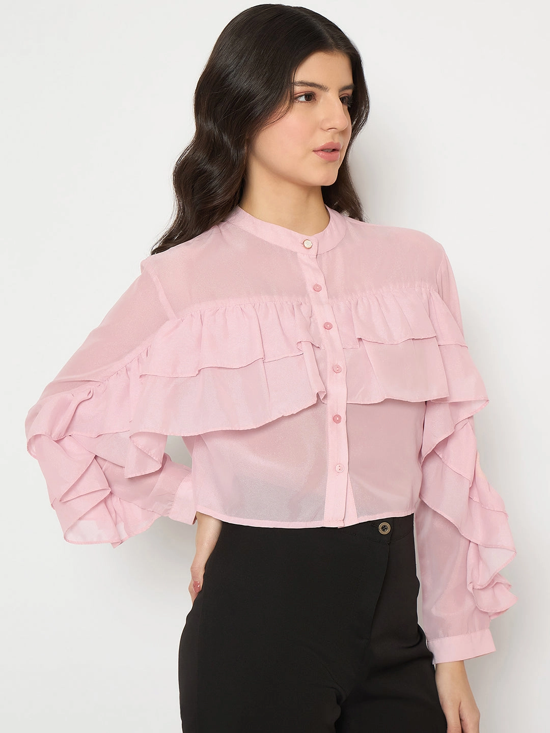 Madame Sheer Baby Pink Ruffle Top NoSlipGripperBand wrinkle free finish