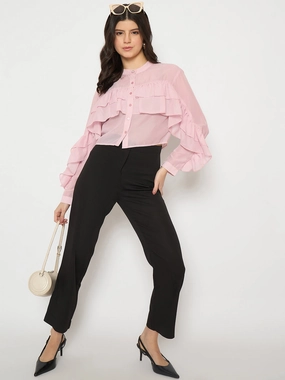 Madame Sheer Baby Pink Ruffle Top AntiStaticTreatment Scoop Neck Shape
