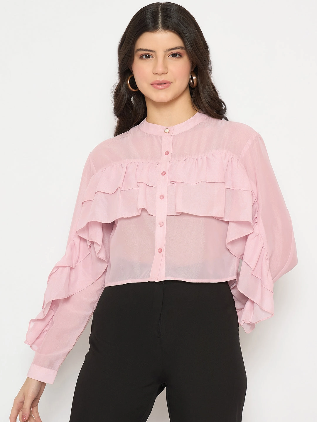 Madame Sheer Baby Pink Ruffle Top DoubleLayered Collar MultiPocket Configuration