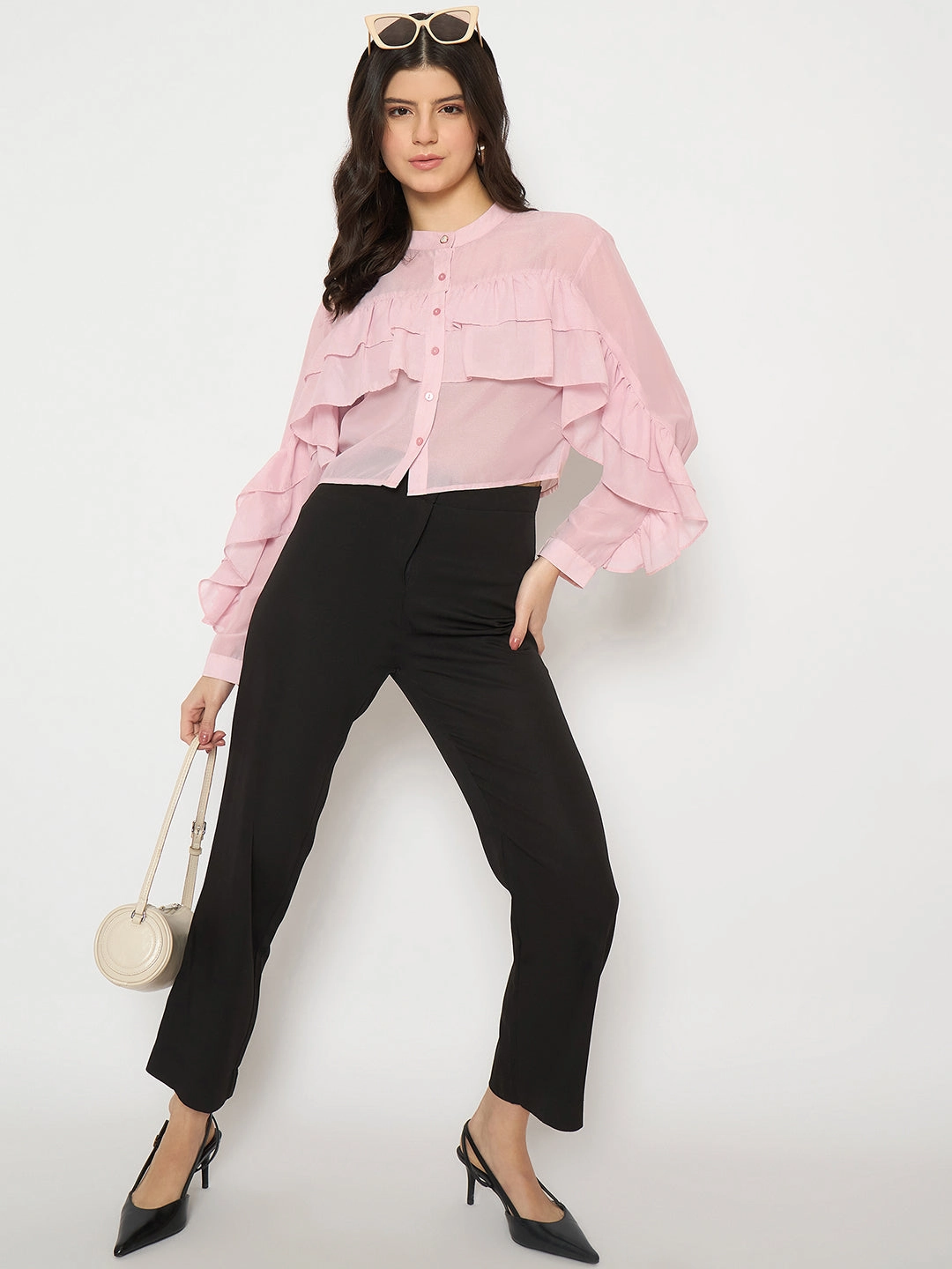 Madame Sheer Baby Pink Ruffle Top AntiStaticTreatment Scoop Neck Shape