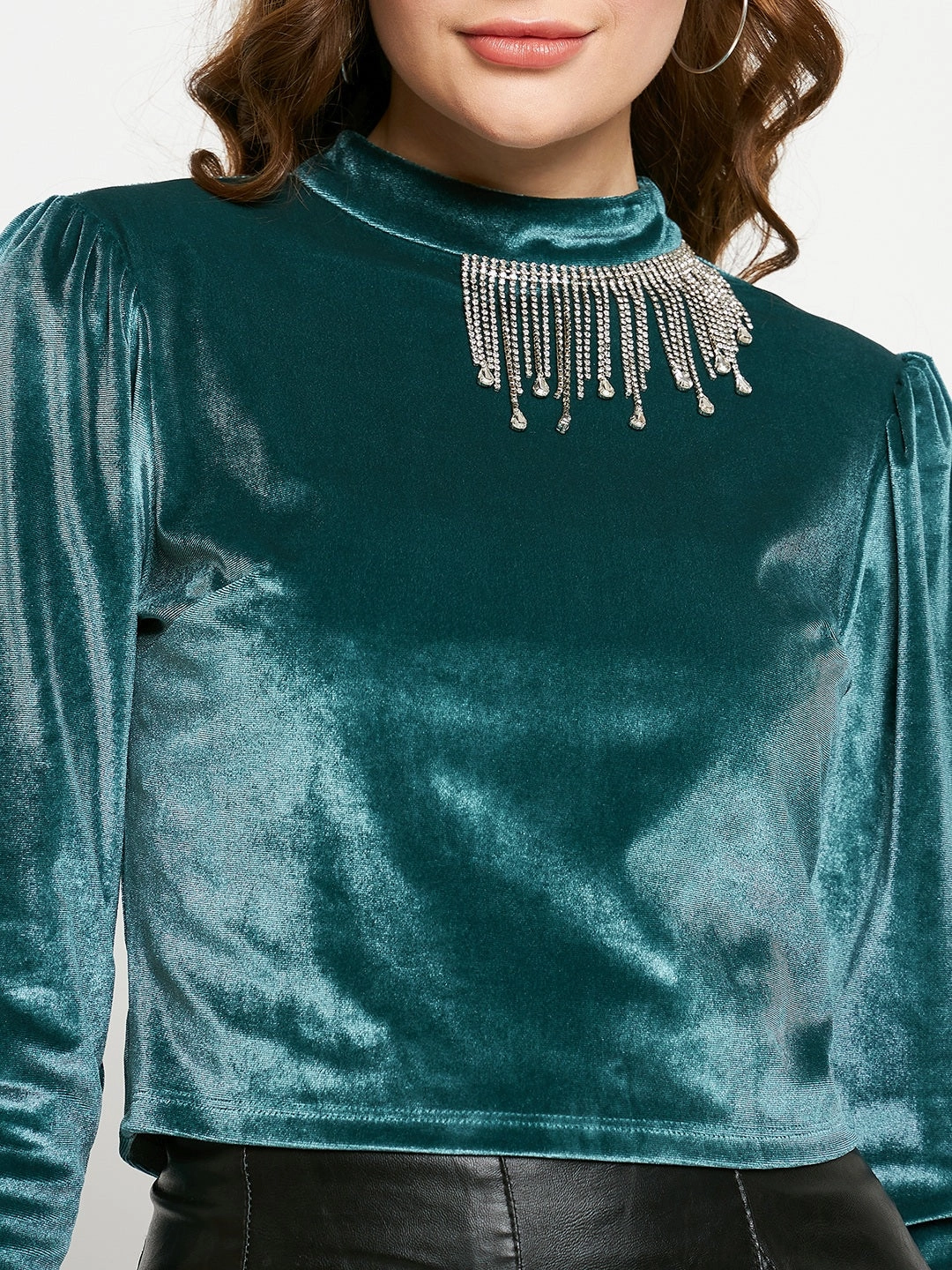 Madame Peacock Blue Rhinestone Embellished Mock Neck Velvet Top Fade Resistant Finish