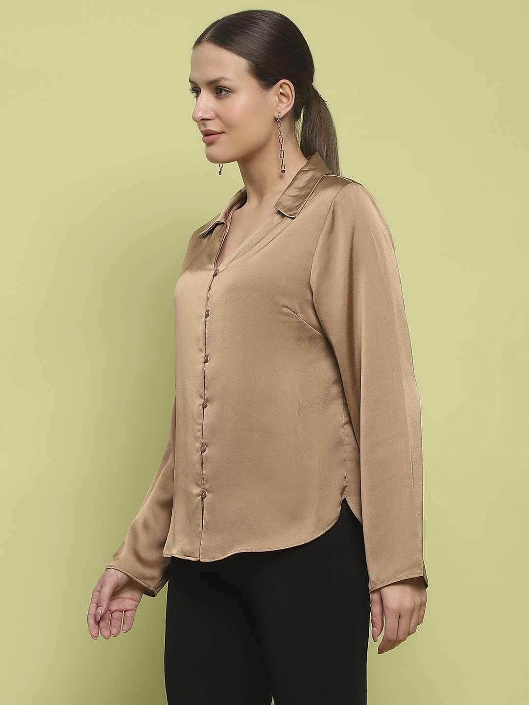 Relaxed Tank Fade Resistant Finish Madame Satin Bell Sleeve Collared Solid Golden Yellow Top