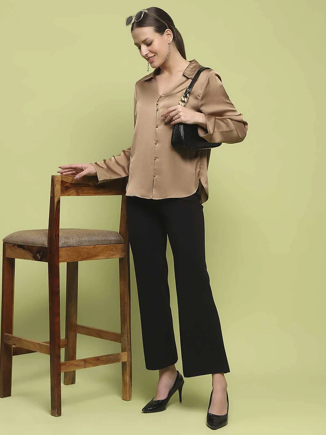 Quick Dry Feature Madame Satin Bell Sleeve Collared Solid Golden Yellow Top