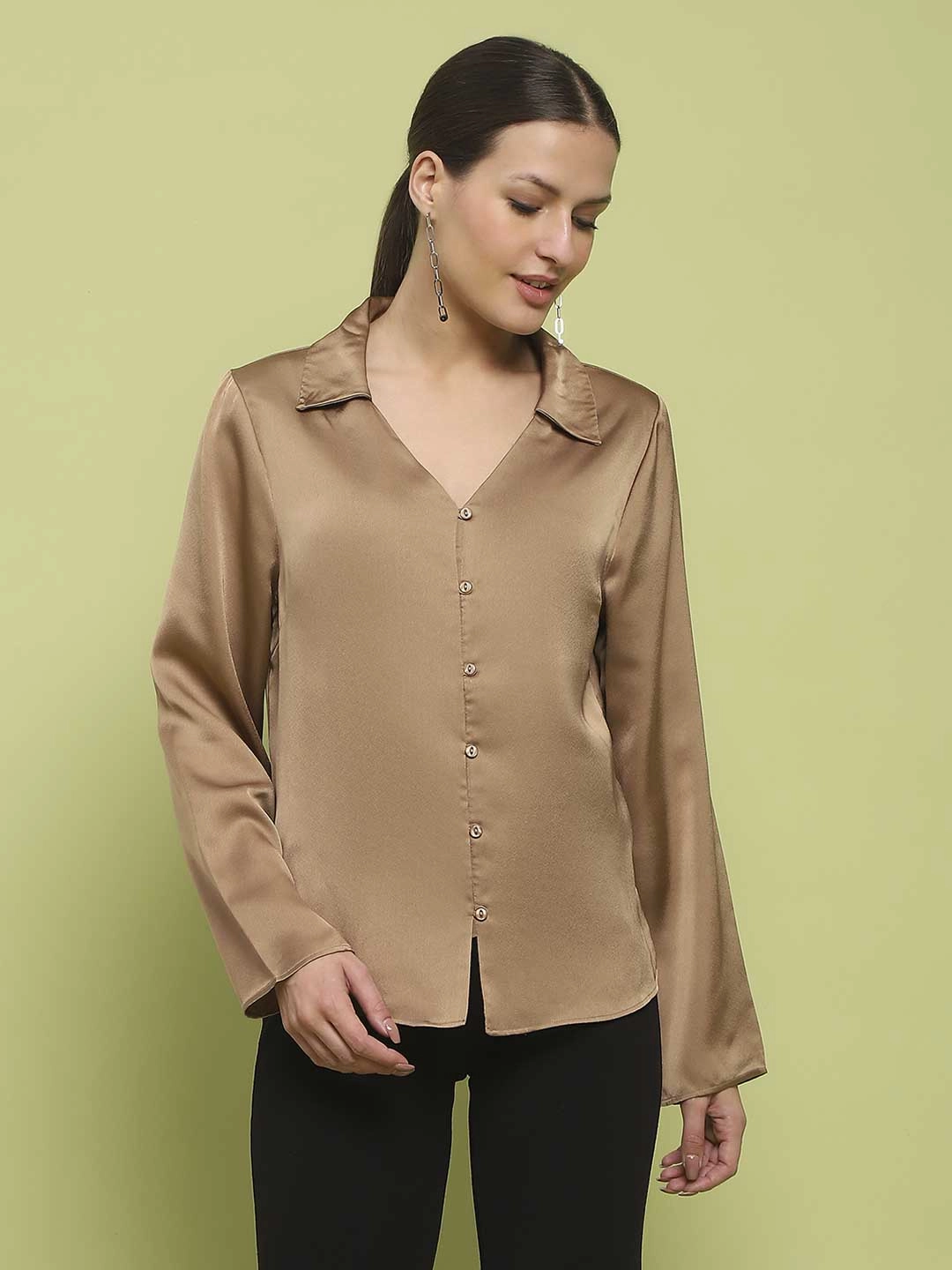 Cool Weather Madame Satin Bell Sleeve Collared Solid Golden Yellow Top