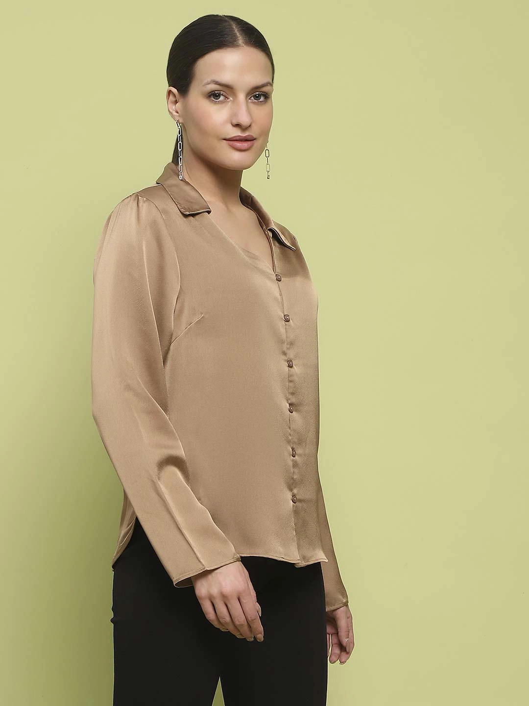 Petal Sleeve Architecture Madame Satin Bell Sleeve Collared Solid Golden Yellow Top