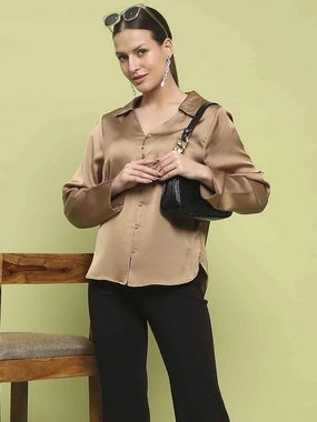 Layered Hem Detailing Zero Waste Cut Pattern Madame Satin Bell Sleeve Collared Solid Golden Yellow Top
