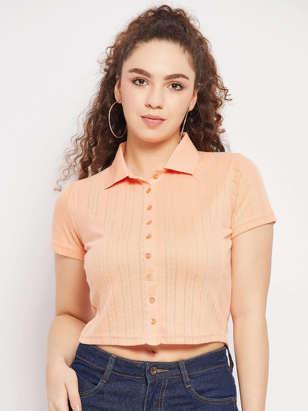 Madame Peach Shirt Collared Crop Top Self Fabric Tie