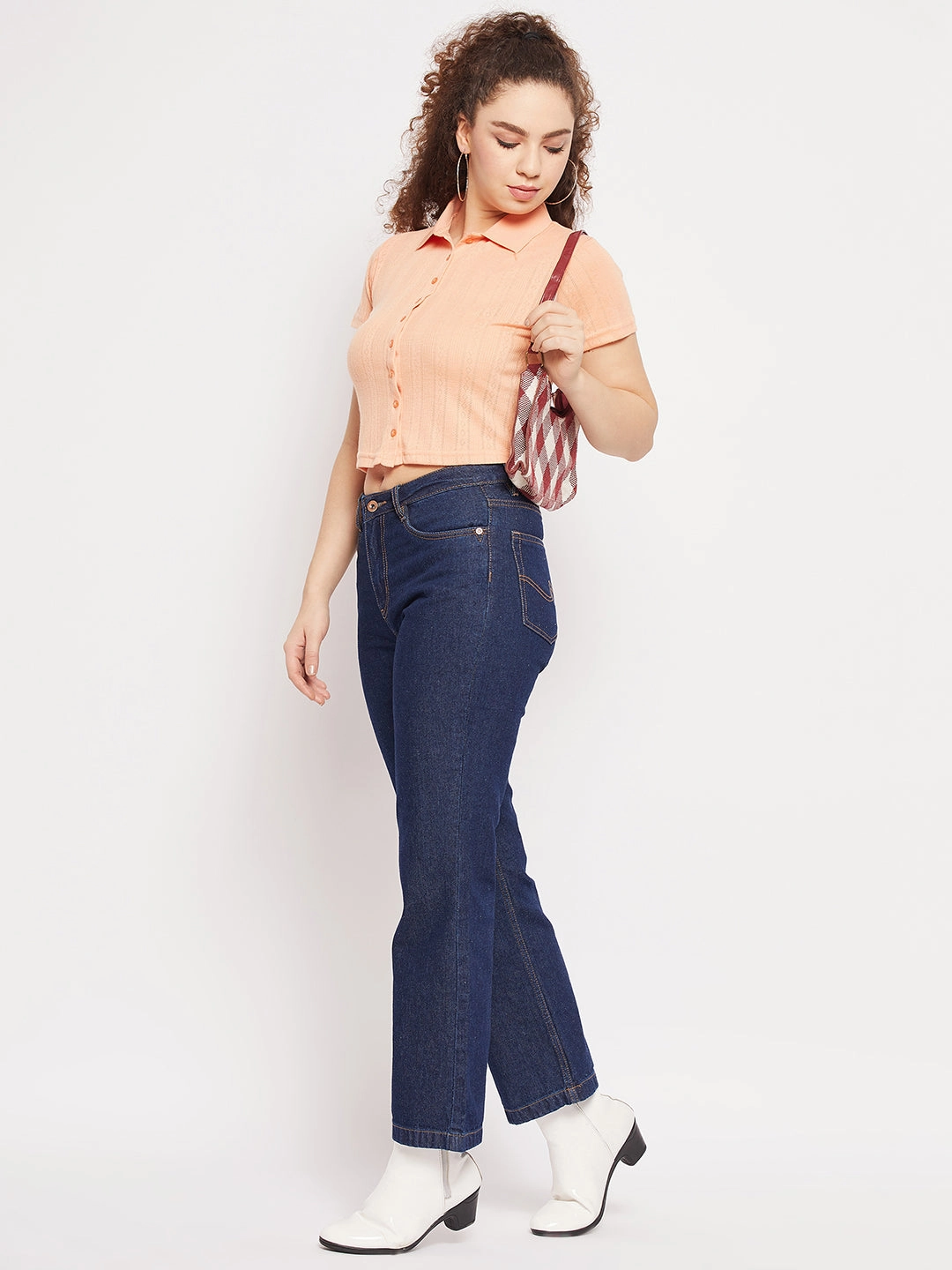DoubleStitchedHem Madame Peach Shirt Collared Crop Top