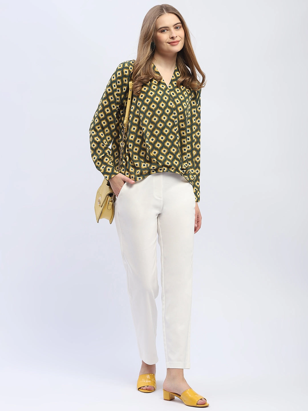 Madame Geometric Print Mustard Yellow Regular Top Classic Polo Elegant Cut