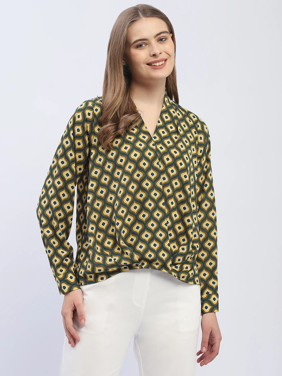 Bonded Hemline Madame Geometric Print Mustard Yellow Regular Top