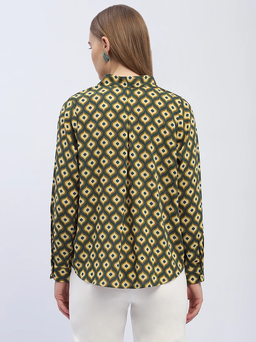 ConvertibleCollar Stylish Hoodie Madame Geometric Print Mustard Yellow Regular Top