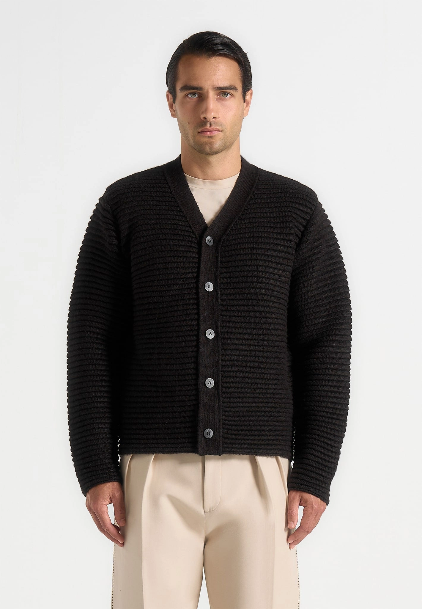 Pure Detail Seamless Circular Knit Anton - Ribbed Knit Cardigan - Black