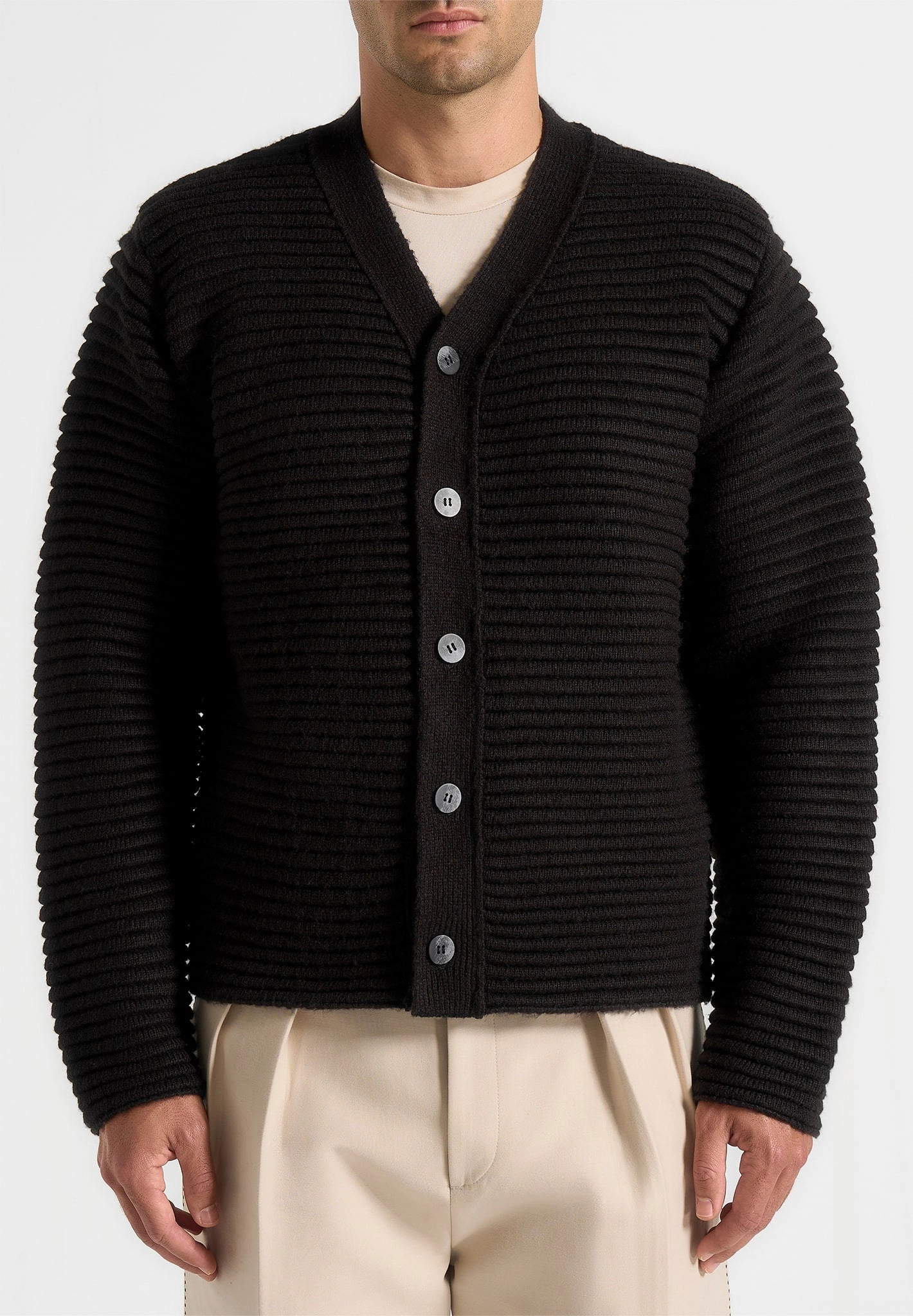 Anton - Ribbed Knit Cardigan - Black Cold Weather