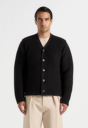 Pure Detail Seamless Circular Knit Anton - Ribbed Knit Cardigan - Black