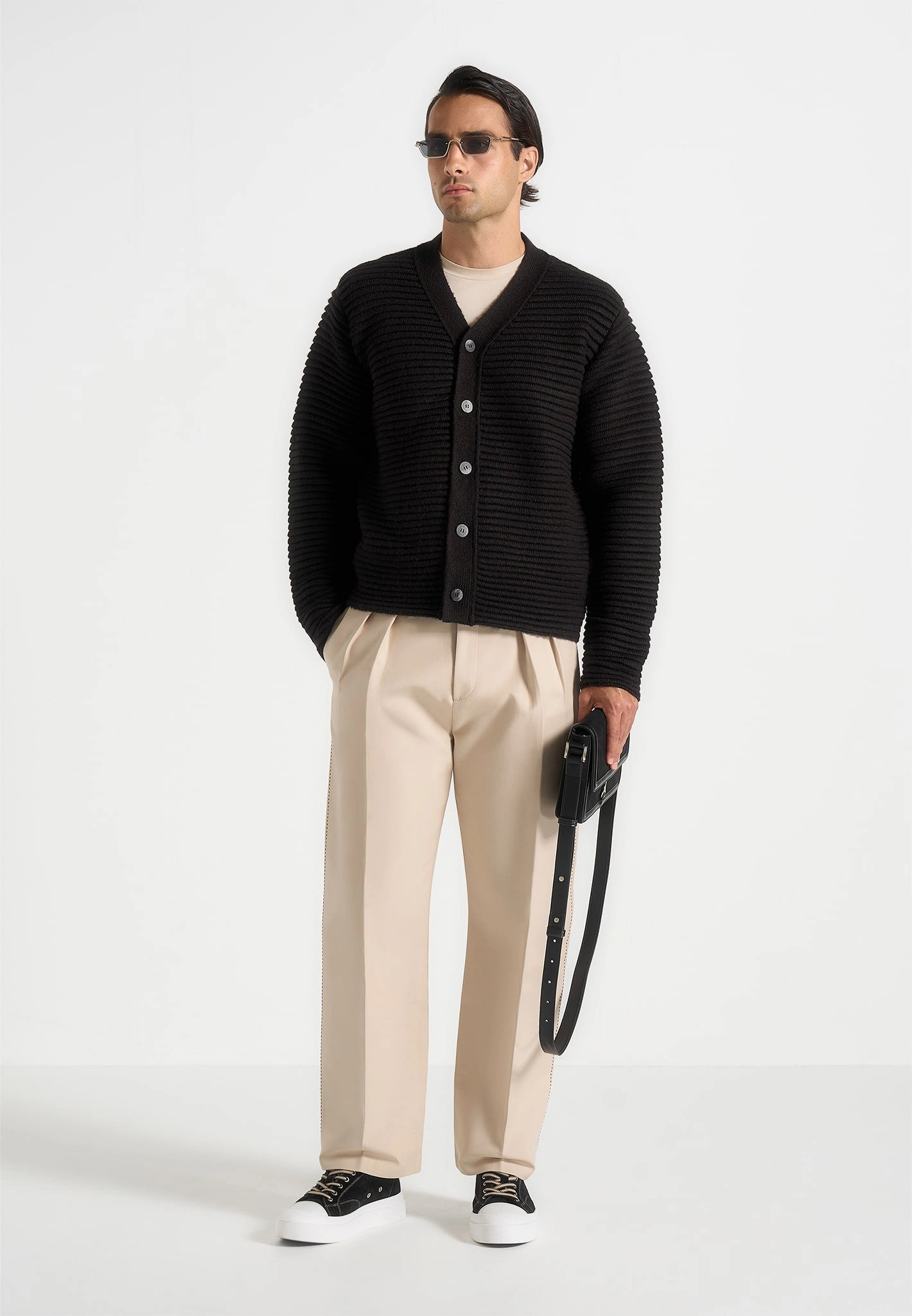 Anton - Ribbed Knit Cardigan - Black Garment Shaping Panels