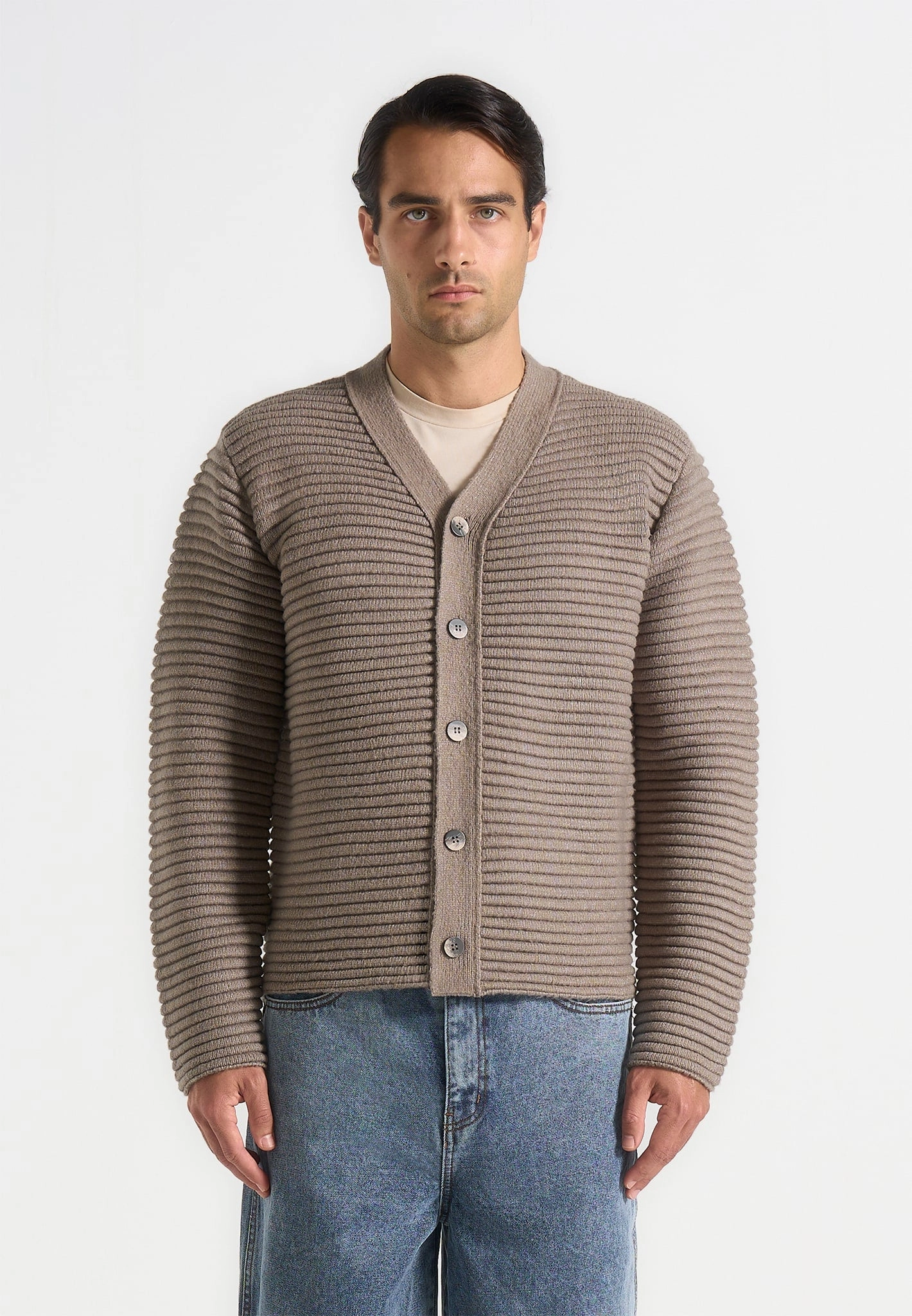Anton - Ribbed Knit Cardigan - Taupe Warm Classic Easy Comfort