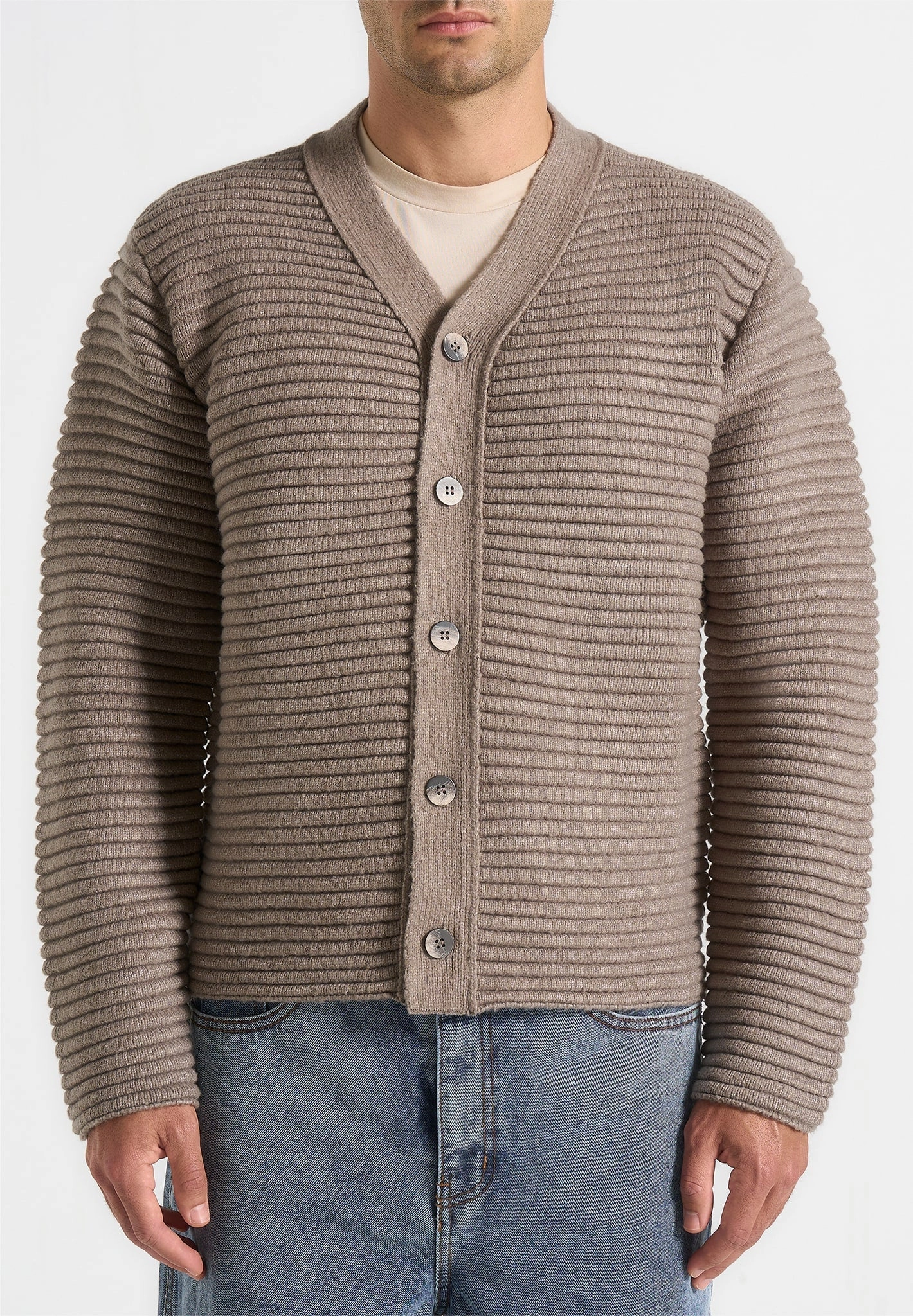 Reversible Seamless Design Anton - Ribbed Knit Cardigan - Taupe